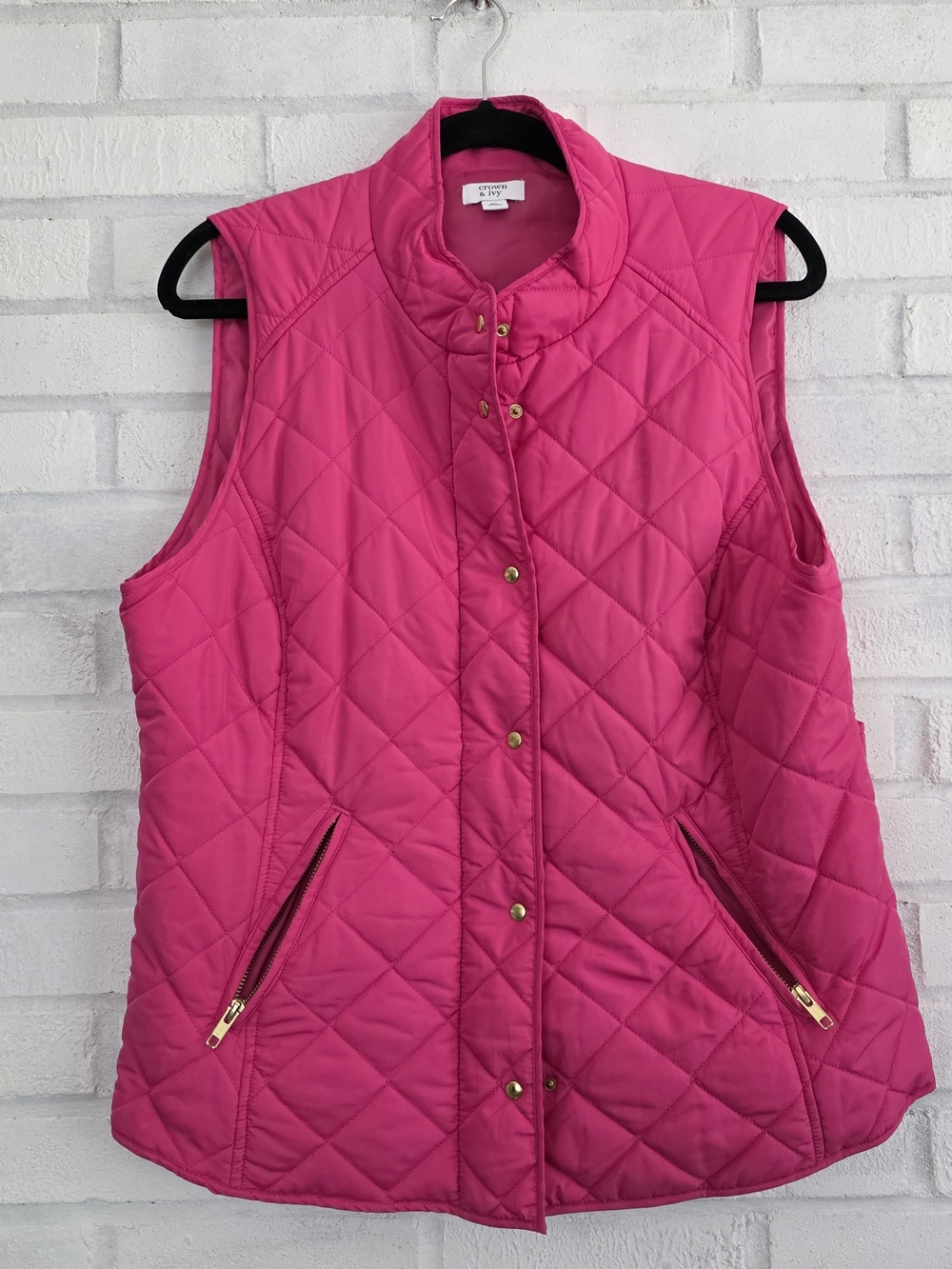 Crown & Ivy Hot Pink Quilted Sleeveless Vest with Gold Hardware XL Mock Neck